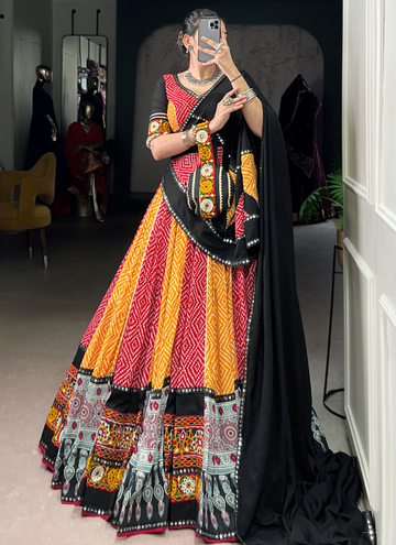 Multi Color Rayon Bandhani Print Gamthi Work Chaniya Choli For Navratri